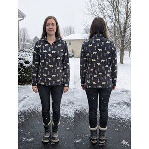 Eddie Bauer Women M Fleece Pullover 1/4 Zip Polar Bear Pine Tree Black